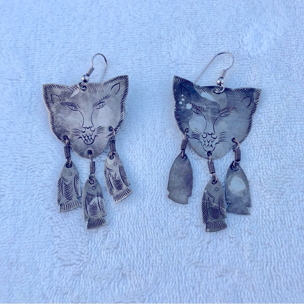 Vintage Cat Turkman Earrings Kitty Dangly Fish